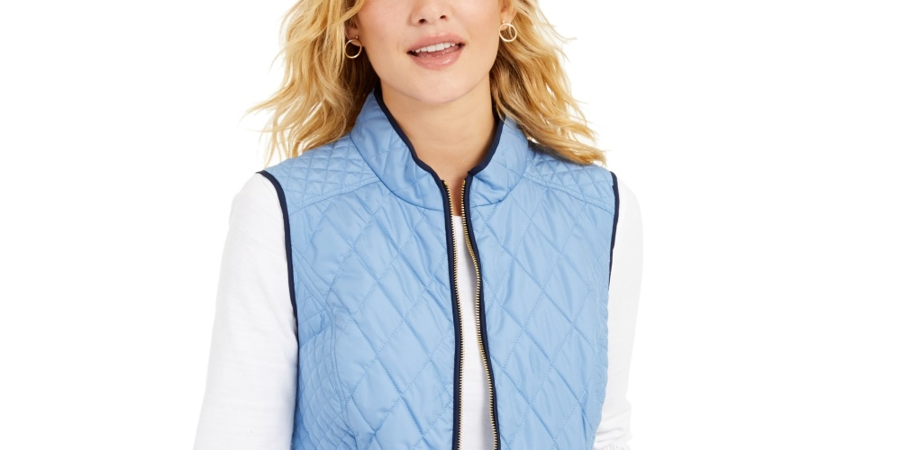 Charter Club Women's Petite Zip-Front Quilted Cotton Vest Blue Size Small