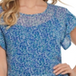 DKNY Women's Short Sleeve Printed Top with Ruffle Sleeves Blue  Size Large