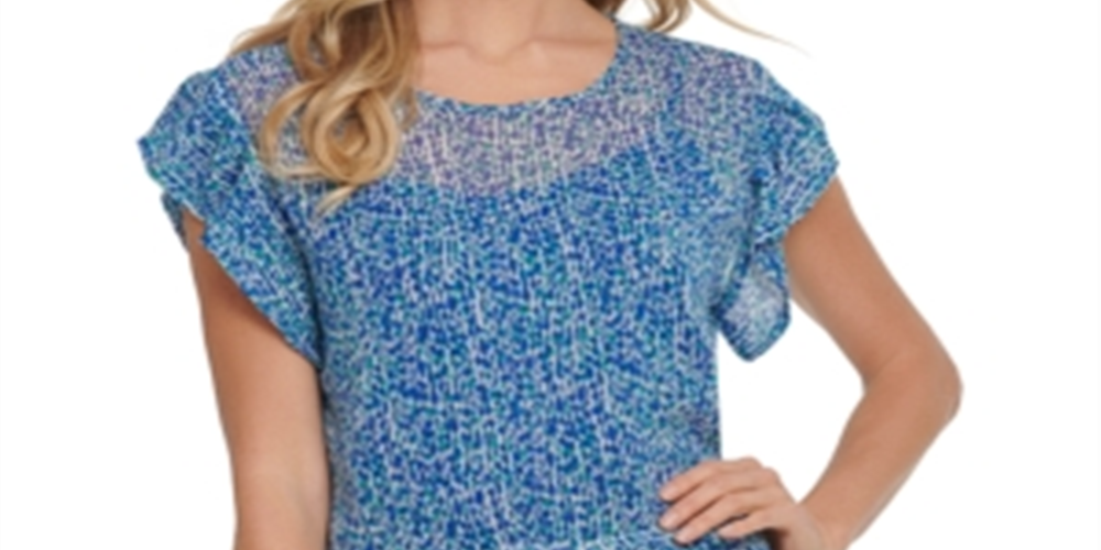DKNY Women's Short Sleeve Printed Top with Ruffle Sleeves Blue  Size Large