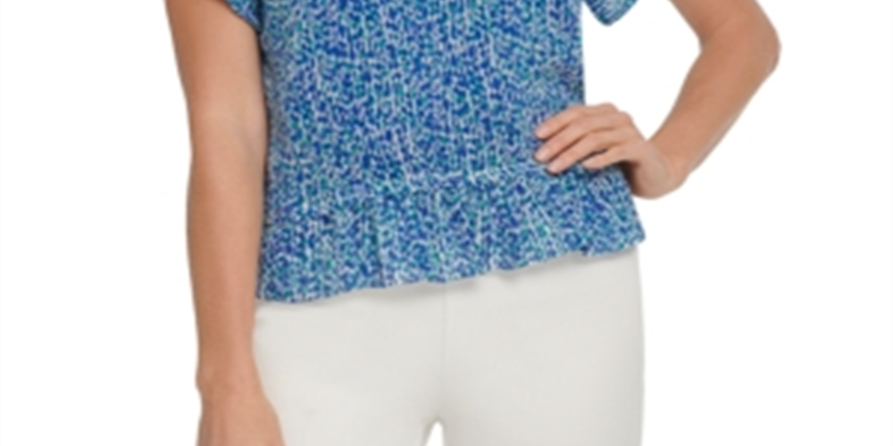 DKNY Women's Short Sleeve Printed Top with Ruffle Sleeves Blue  Size Large