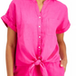 Charter Club Women's Linen Tie-Front Button-Up Shirt Red Size X-Small