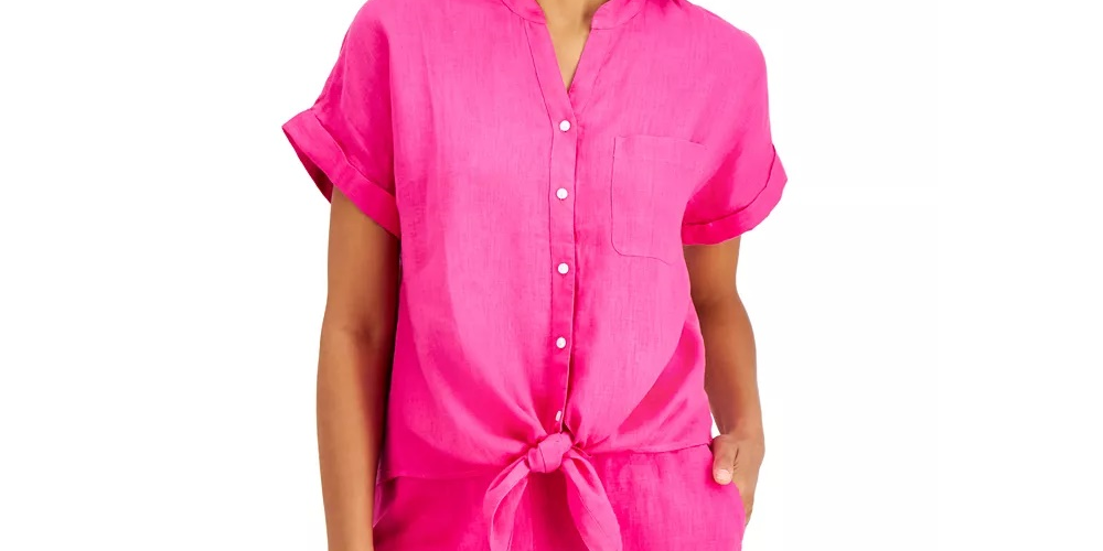 Charter Club Women's Linen Tie-Front Button-Up Shirt Red Size X-Small