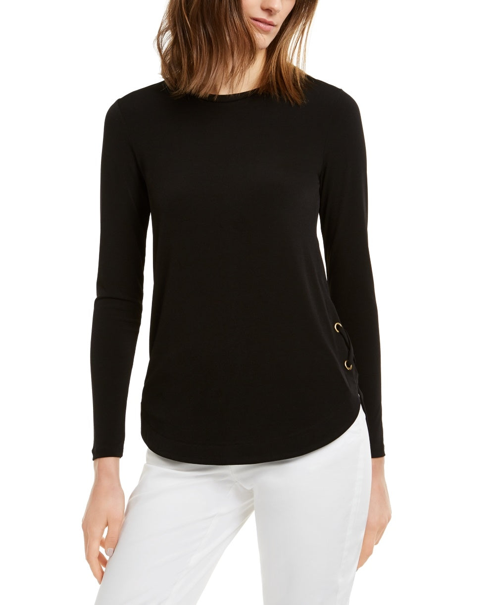 Michael Kors Women's Lace Up Long Sleeve T-Shirt Regular Black Size Petite Large