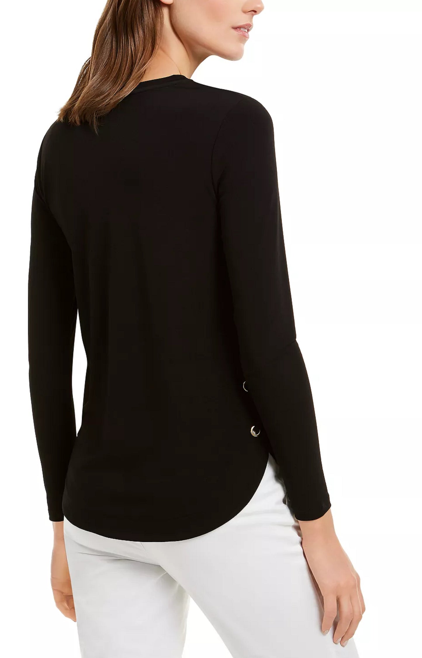 Michael Kors Women's Lace Up Long Sleeve T-Shirt Regular Black Size Petite Large