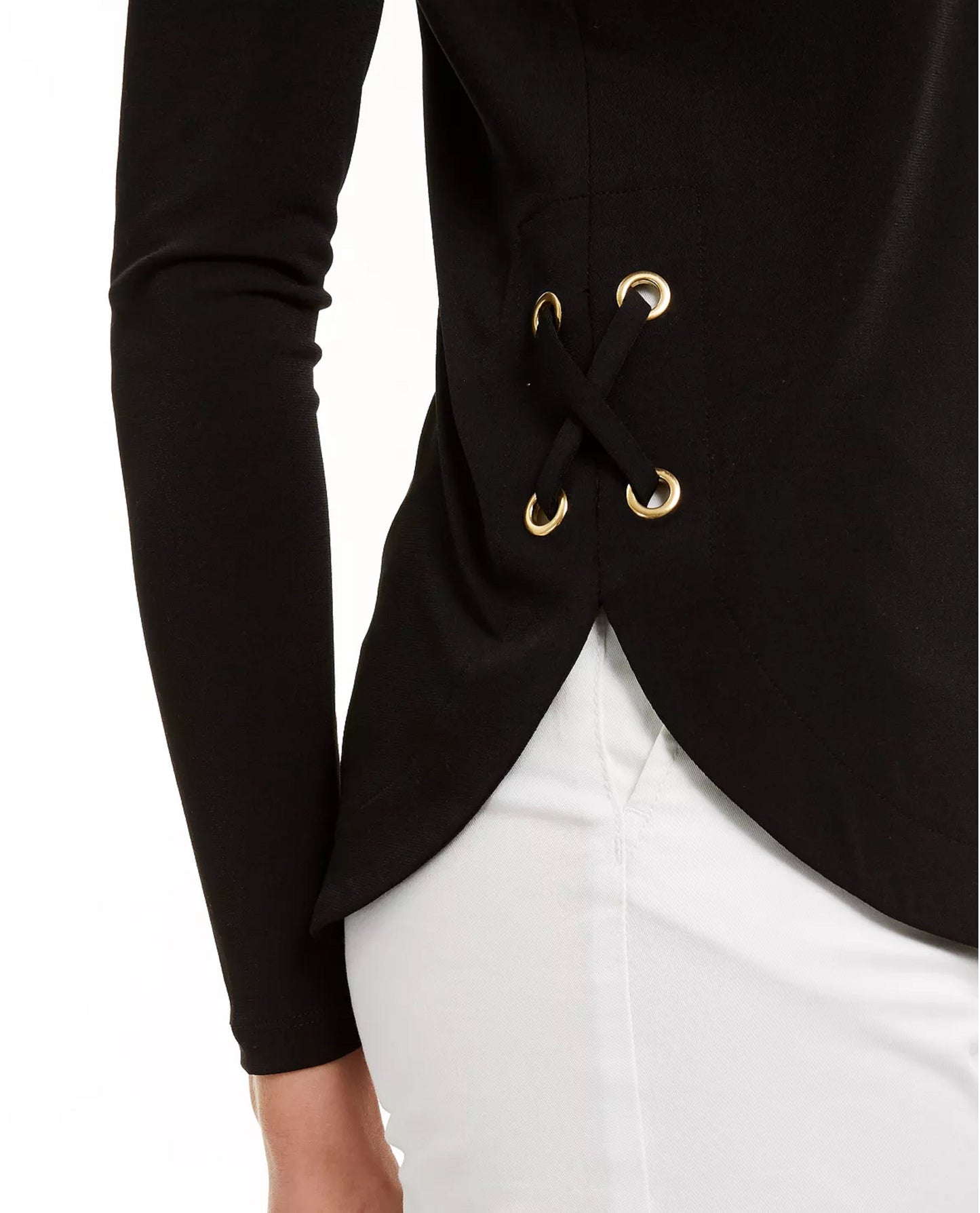 Michael Kors Women's Lace Up Long Sleeve T-Shirt Regular Black Size Petite Large