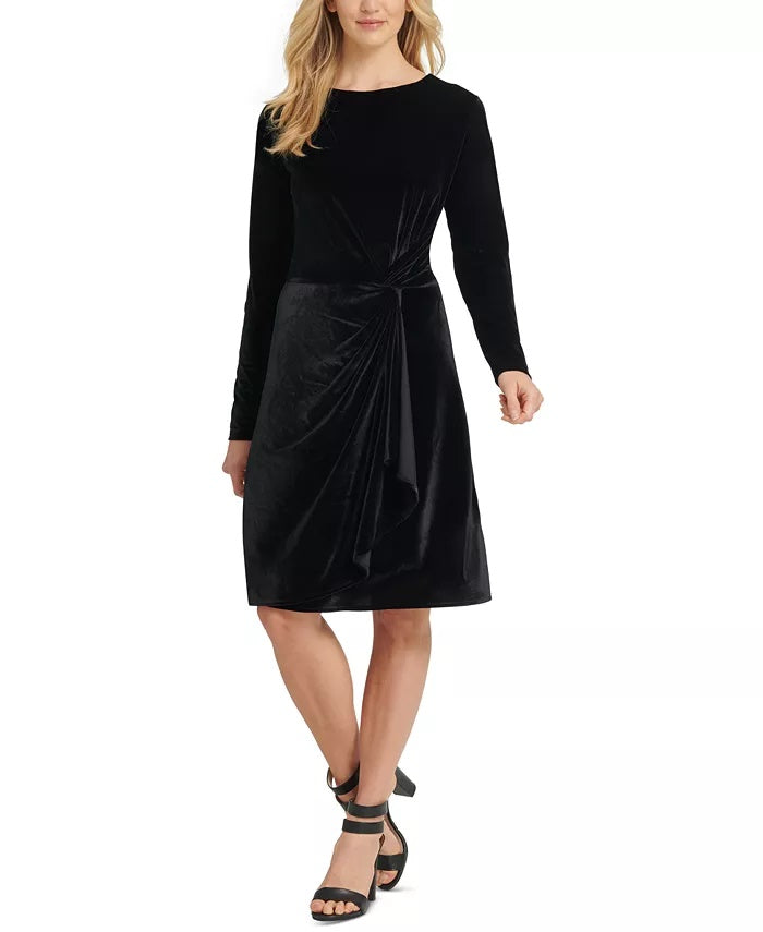 DKNY Women's Long Sleeve Jewel Neck Knee Length Sheath Dress Black Size Large