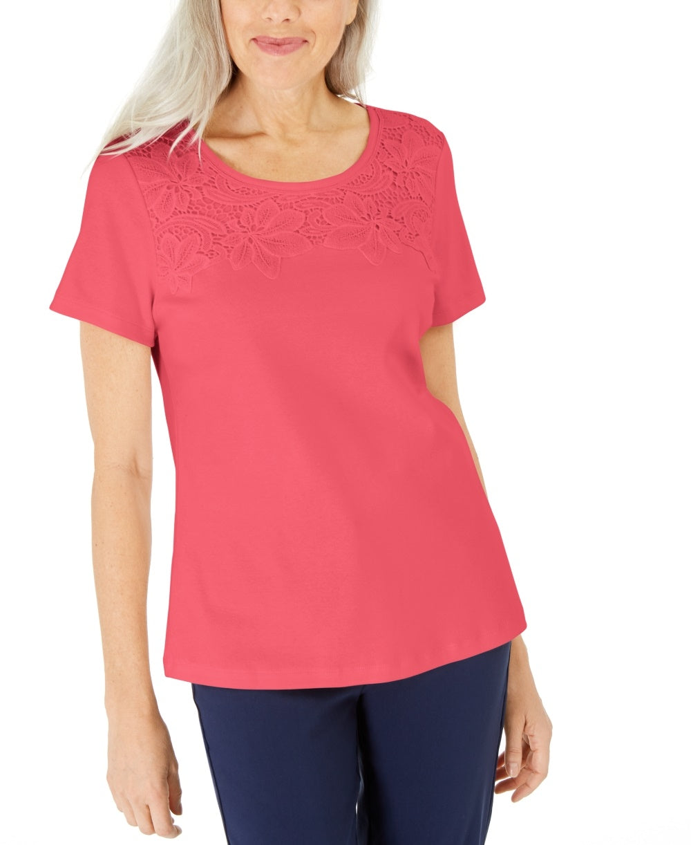 Karen Scott Women's Cotton Crochet-Front Top  Orange Size Small
