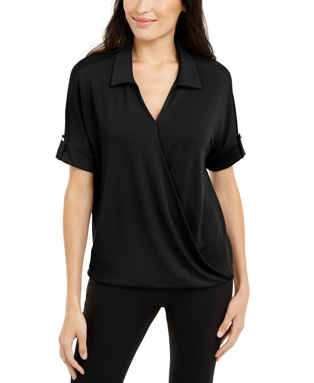 Alfani Women's Petite Collared Knit Top Black Size PS