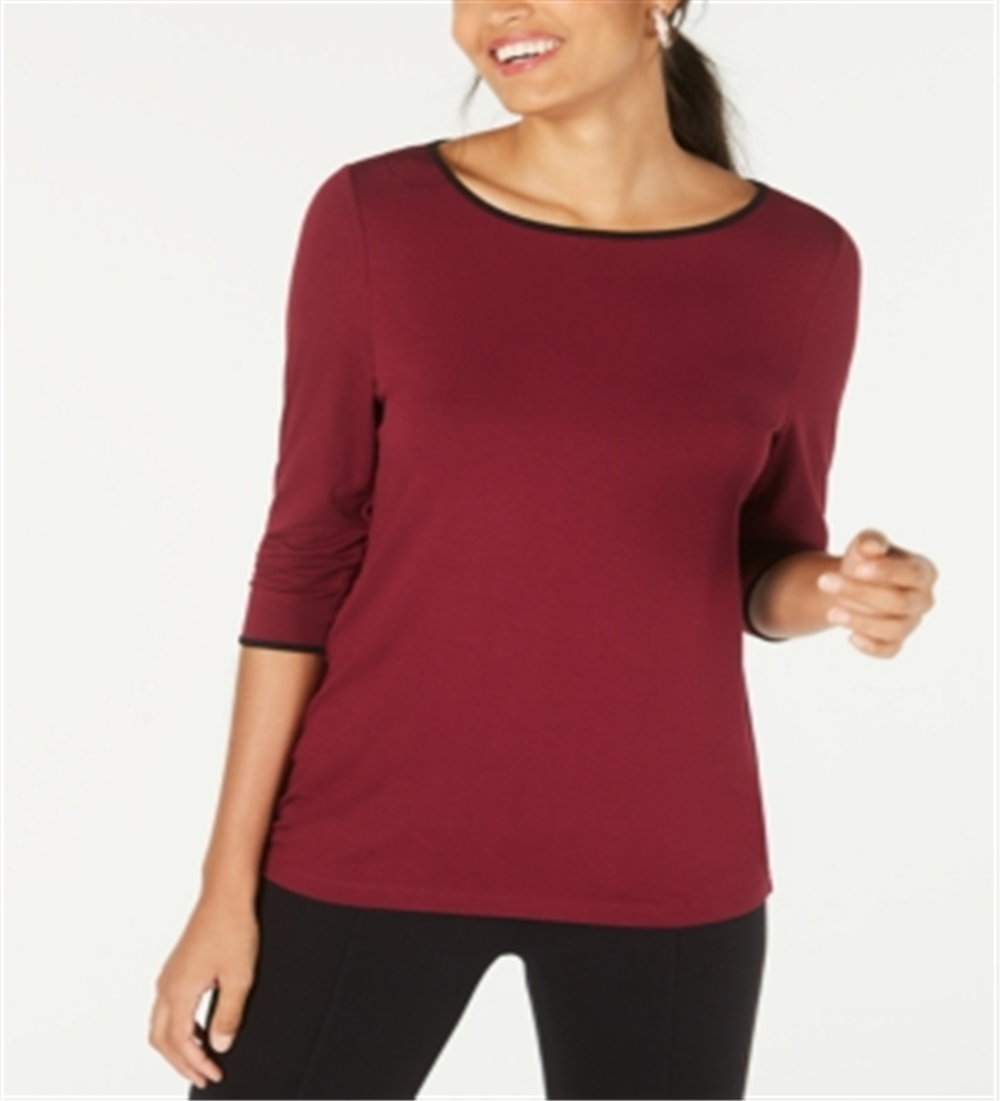 Alfani Piped 3/4-Sleeve T-Shirt Wine Size XS