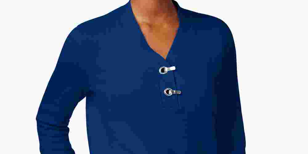 Karen Scott Women's Petites Grommet Ribbed Trim Pullover Sweater Blue Size PSM
