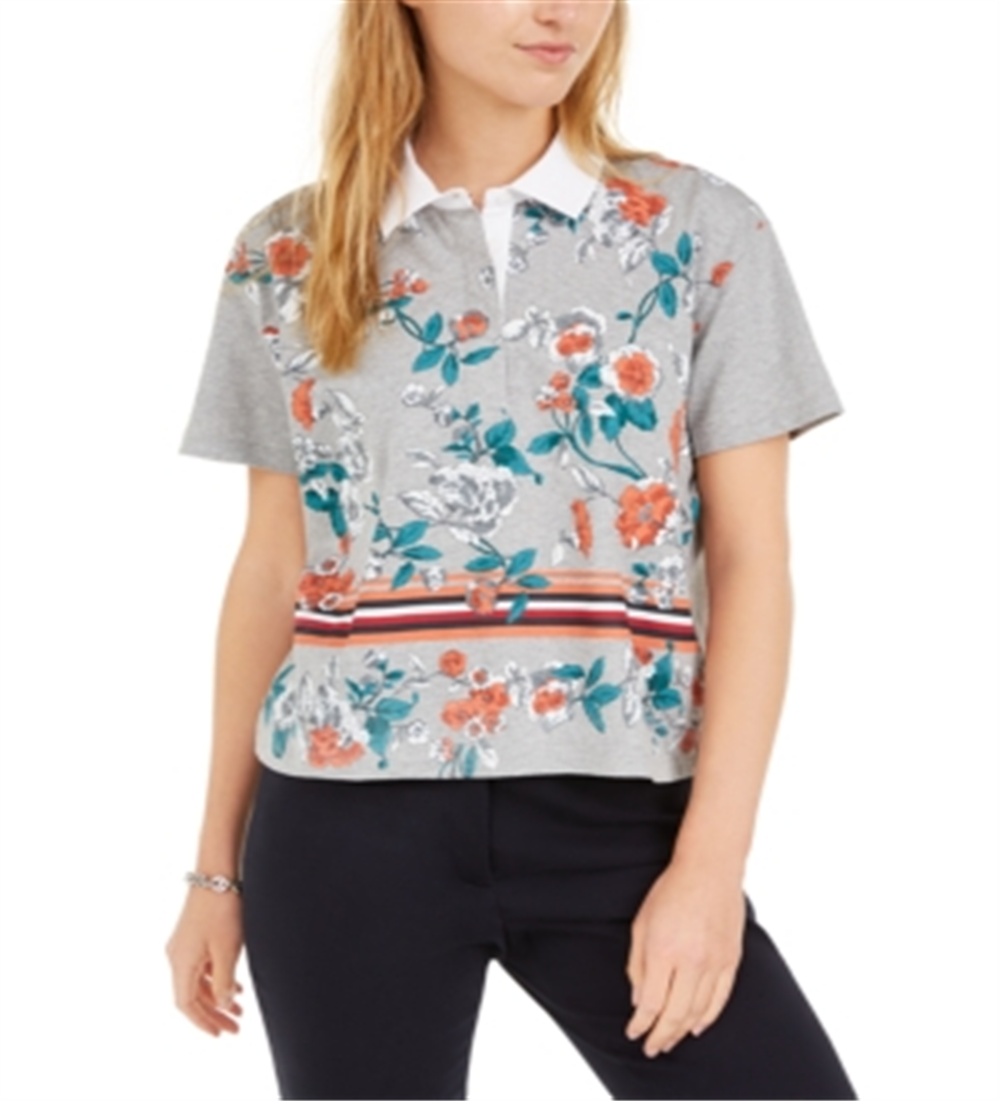 Tommy Hilfiger Women's Floral Crop Polo Shirts Gray Size XS