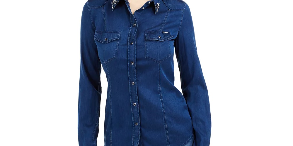 Guess Women's Lalima Embellished Denim Shirt Blue Size X-Small