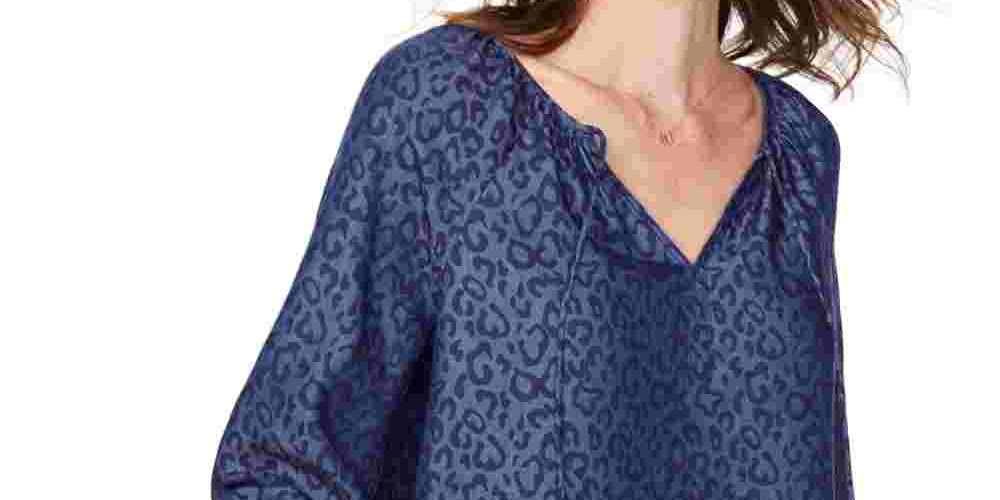 NYDJ Women's Peasant Blouse Chambray Cat Blue Size X-Large