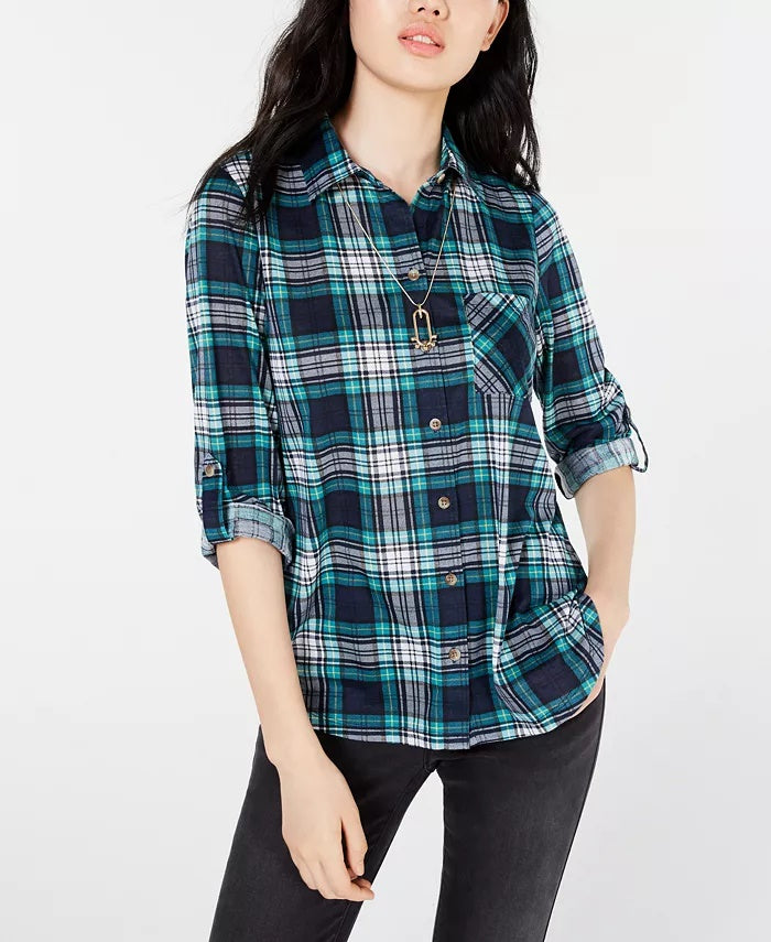 Polly & Esther Junior's Plaid Roll Tab Shirt Green/Black Size X-Large