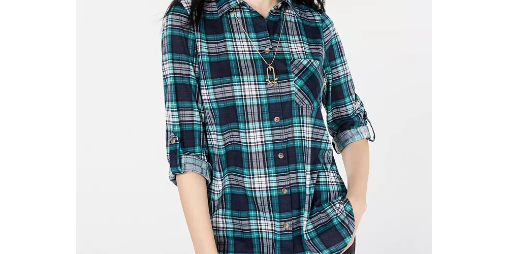 Polly & Esther Junior's Plaid Roll Tab Shirt Green/Black Size X-Large