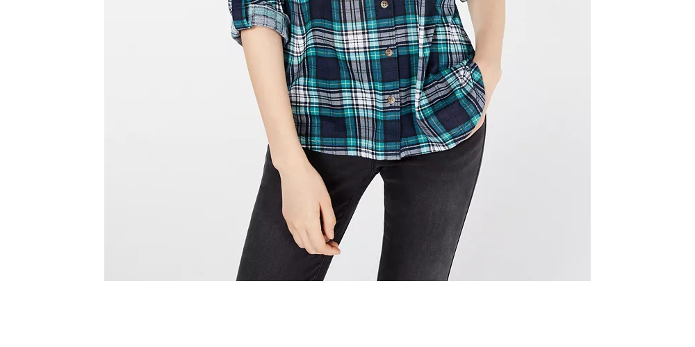 Polly & Esther Junior's Plaid Roll Tab Shirt Green/Black Size X-Large