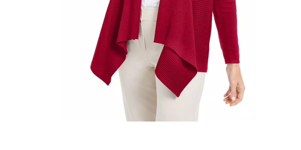 JM Collection Women's Mixed Ribbed Flyaway Cardigan Wine Size Petite Small