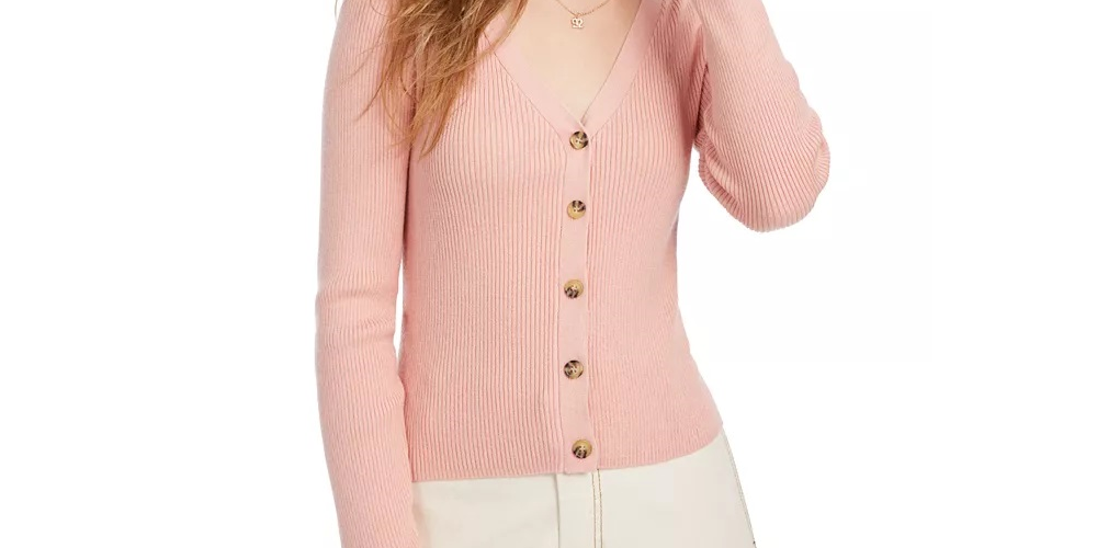 Ultra Flirt Junior's Cropped Ribbed Cardigan Sweater Peach Beige Size Large