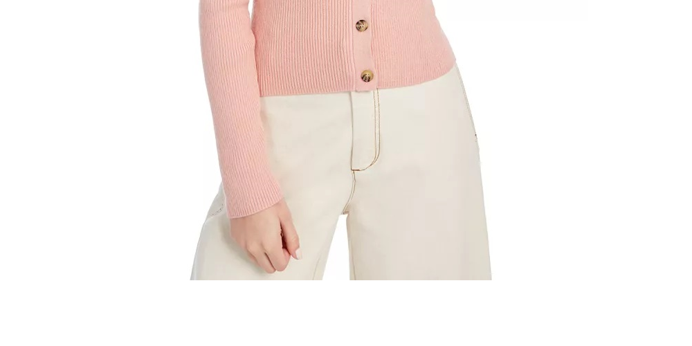 Ultra Flirt Junior's Cropped Ribbed Cardigan Sweater Peach Beige Size Large