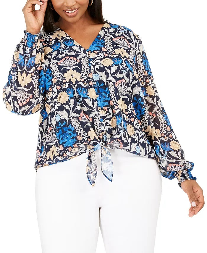 INC International Concepts Women's Plus Floral Sheer Blouse Blue Size 0X