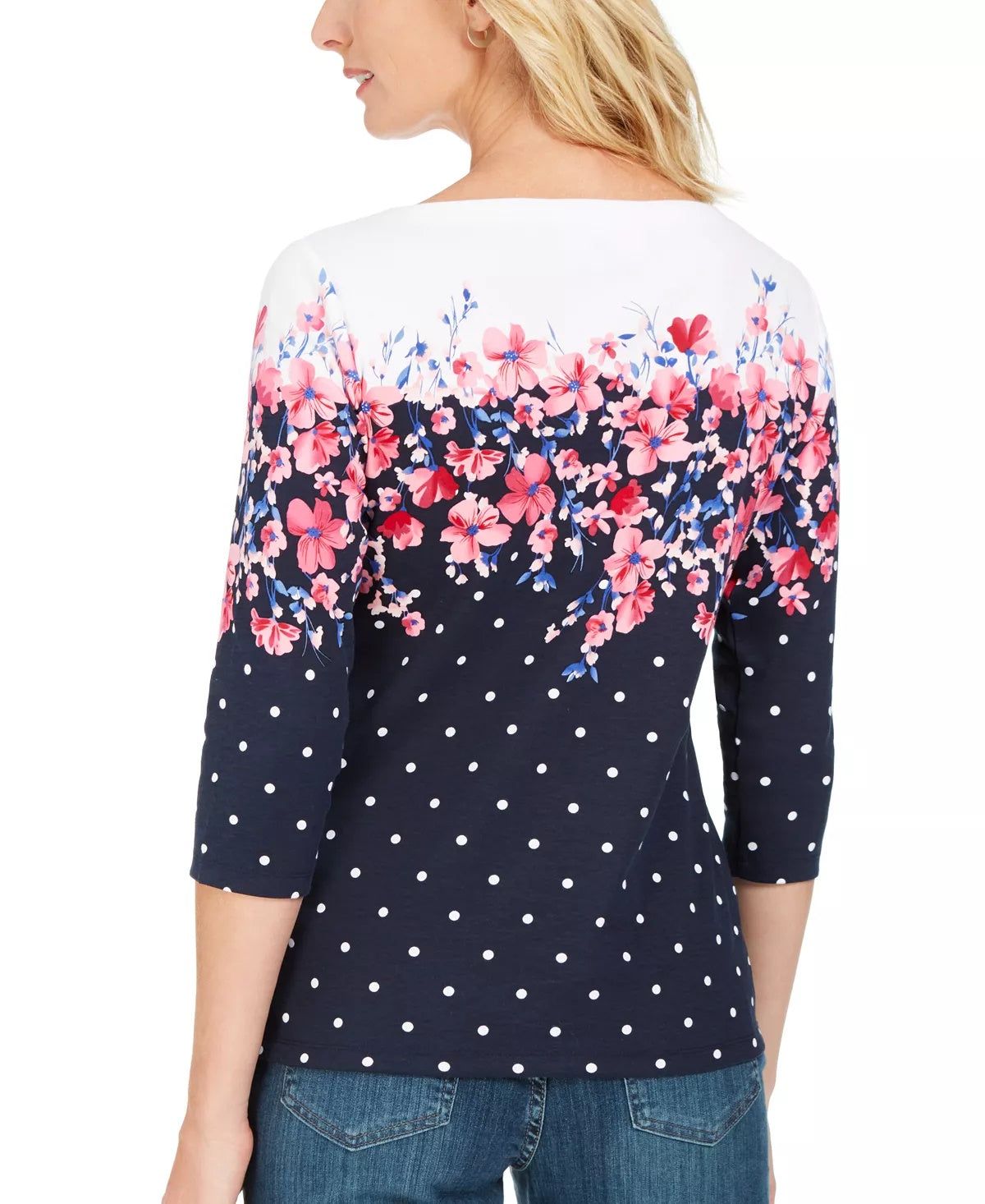 Karen Scott Women's Emily Printed Boat Neck Top Black /Red  Size Small