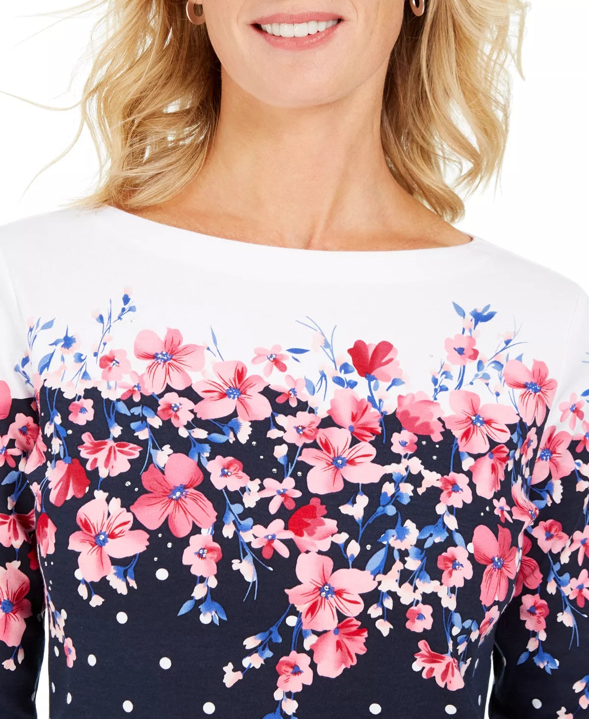 Karen Scott Women's Emily Printed Boat Neck Top Black /Red  Size Small