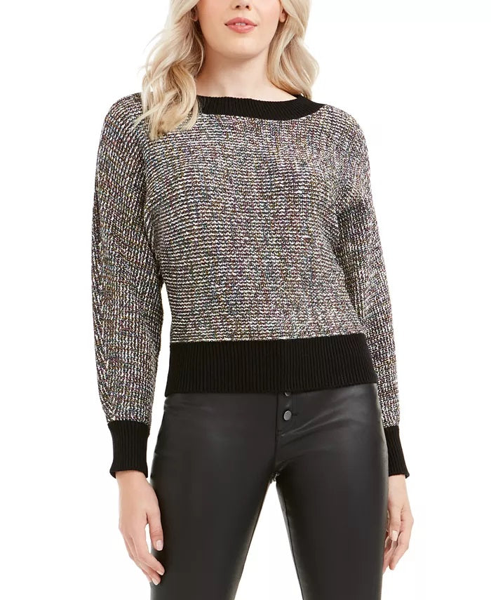 Bar III Women's Metallic Heather Long Sleeve Crew Neck Sweater Black Size X-Large
