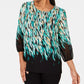 JM Collection Women's Printed Embellished Blouson Sleeve Top Green Size P/SM
