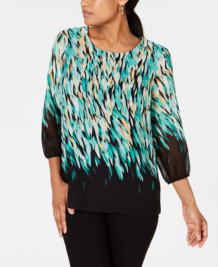 JM Collection Women's Printed Embellished Blouson Sleeve Top Green Size P/SM