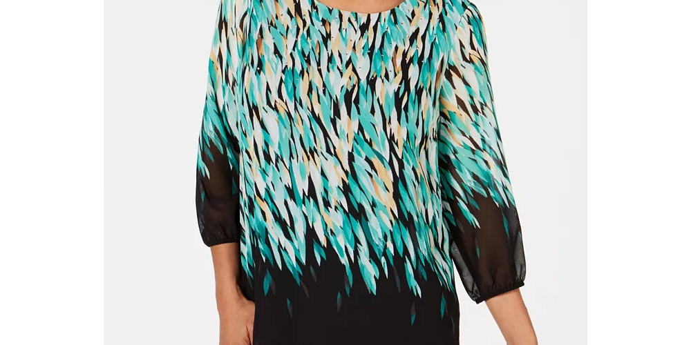 JM Collection Women's Printed Embellished Blouson Sleeve Top Green Size P/SM