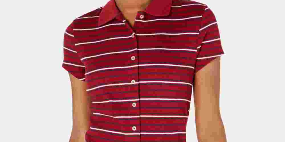 Planet Gold Women's Striped Short Sleeve Collared Button Up Top Red Size X-Large