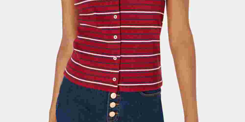 Planet Gold Women's Striped Short Sleeve Collared Button Up Top Red Size X-Large
