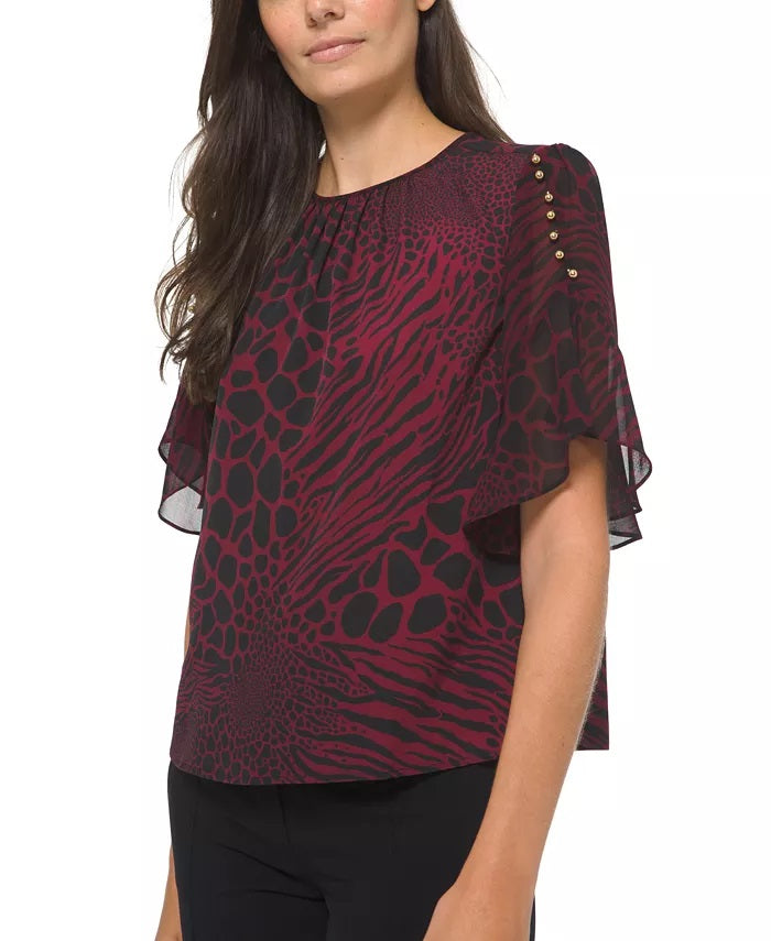 Michael Kors Women's Beaded Animal Print Blouse Red Size Medium