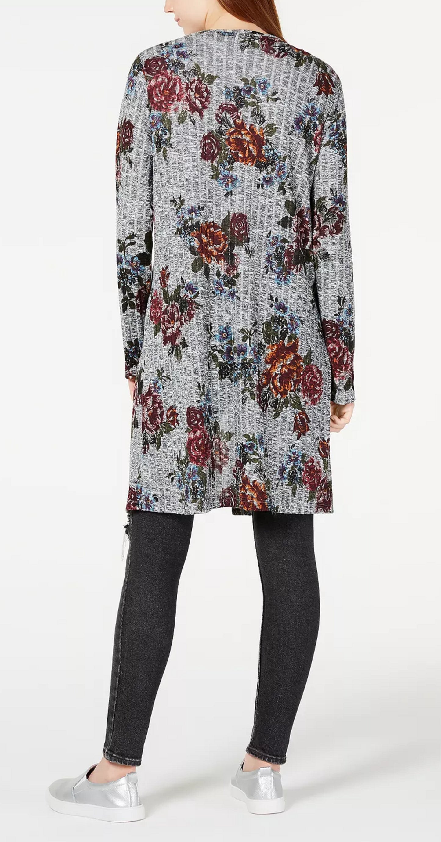 BCX Junior's Printed Rib Knit Duster Cardigan Gray floral Size X-Small