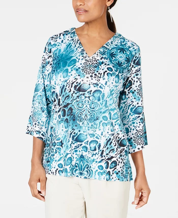 JM Collection Women's Stud Trim Printed Top Green /White  Size Small