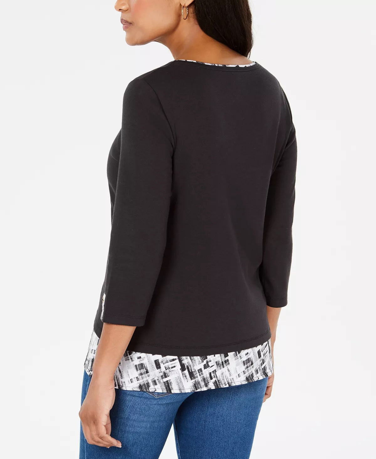 Karen Scott Women's Layered Look Solid & Plaid Top  Black Size X-Large