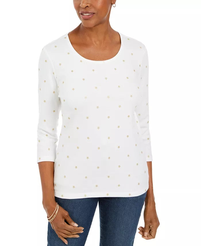 Karen Scott Women's Glitter Star Print Shirt White Size PL