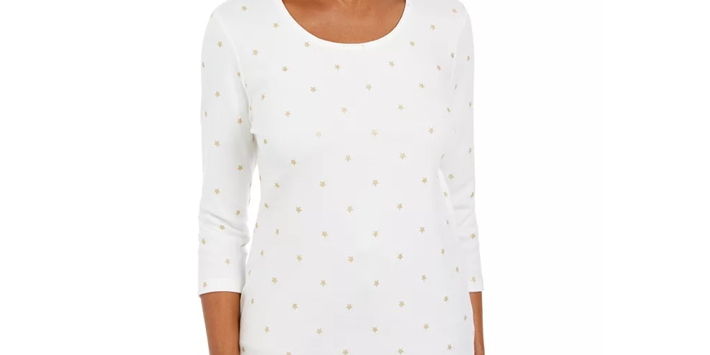 Karen Scott Women's Glitter Star Print Shirt White Size PL