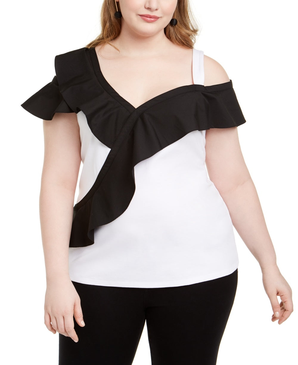 INC International Concepts Women's Plus Size Colorblocked Ruffled Top White Size 0X