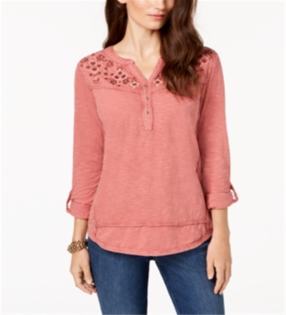 Style & Co Women's Embroidered Cotton Roll Tab-Sleeve Top Pink Size XL