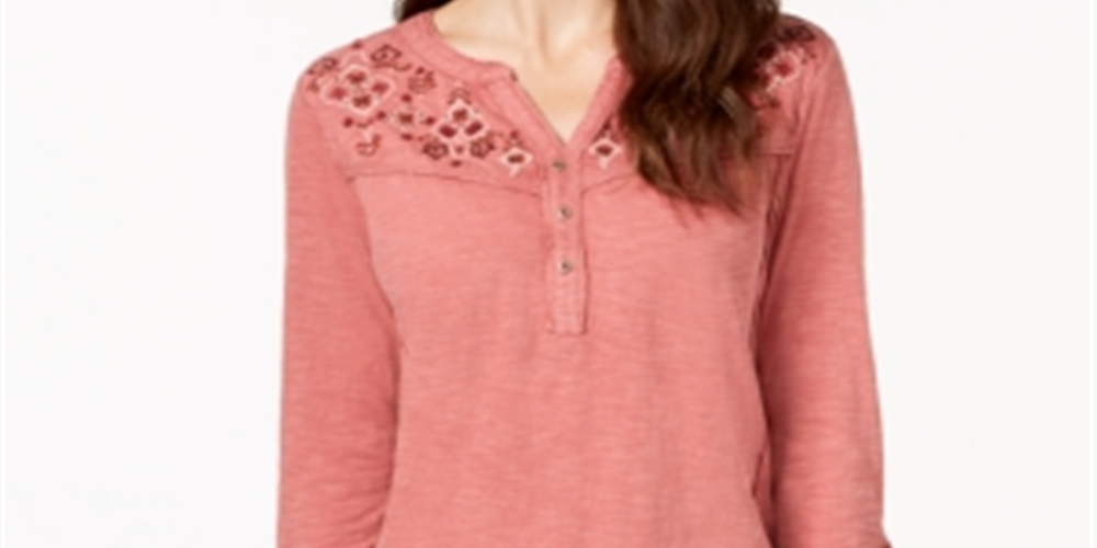 Style & Co Women's Embroidered Cotton Roll Tab-Sleeve Top Pink Size XL