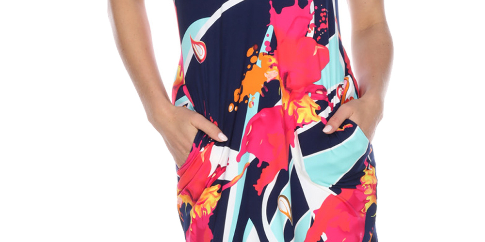 White Mark Women's Printed Shirt Dress Navy/Pink Size Medium