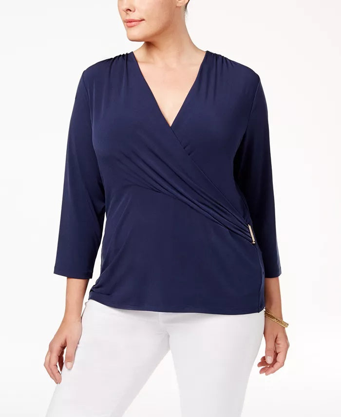 Charter Club Women's Plus Faux Wrap Hardware Top Berry  Size 0X