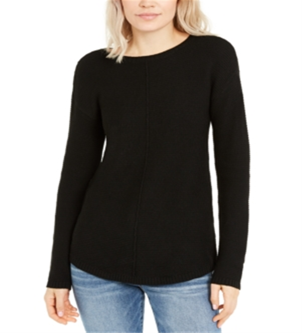 INC International Concepts Women's Textured Knitted Long Sleeve Jewel Neck Sweater Black Size Small