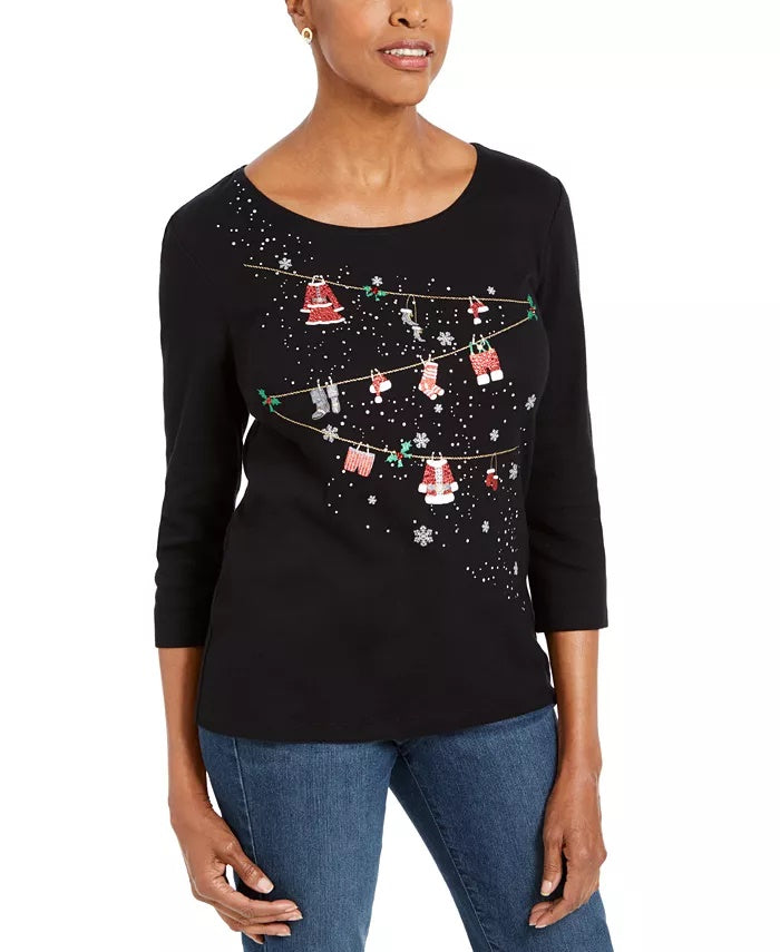 Karen Scott Women's Embellished Cotton Top  Black Size PS