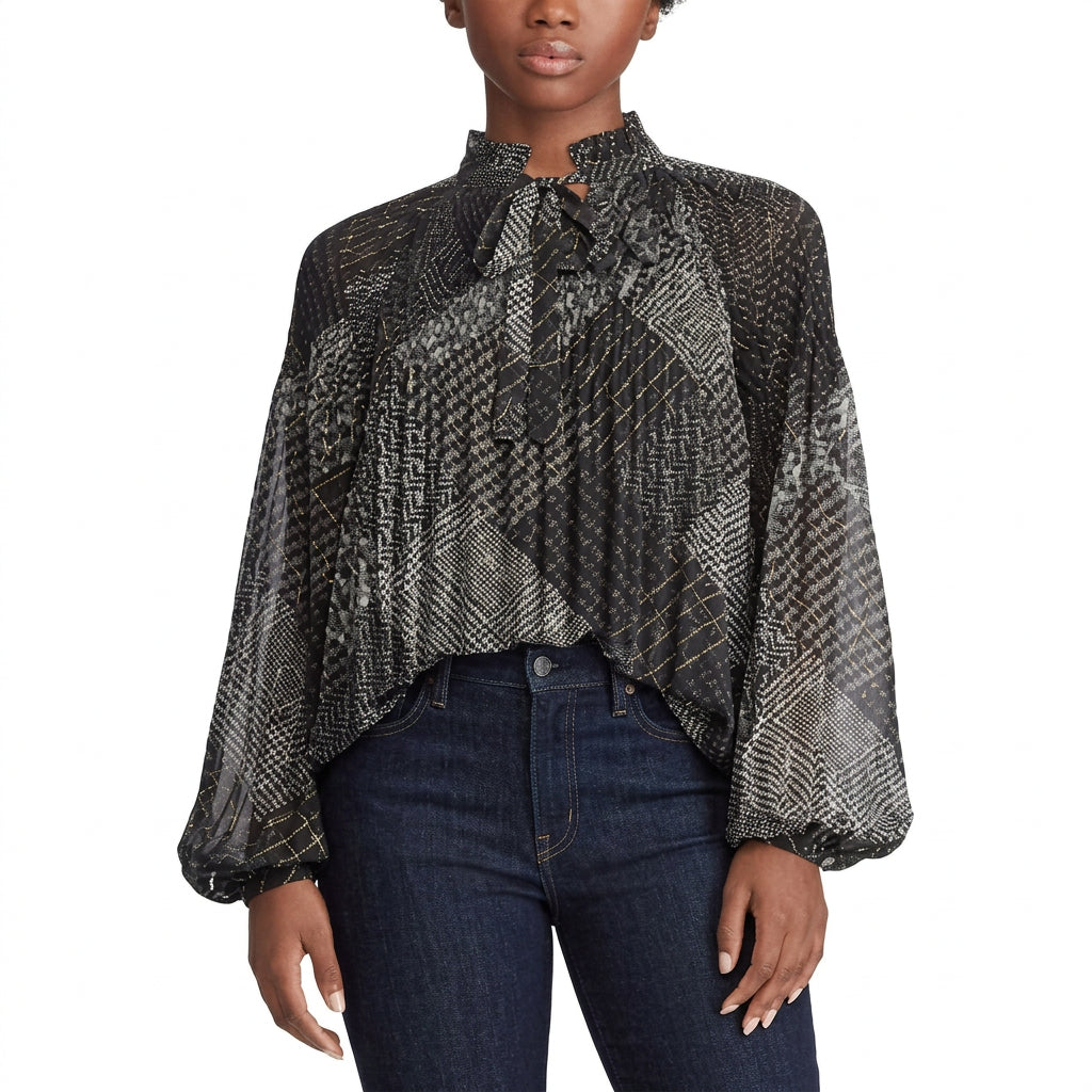 Ralph Lauren Women's Necktie Georgette Blouse Black Size Petite