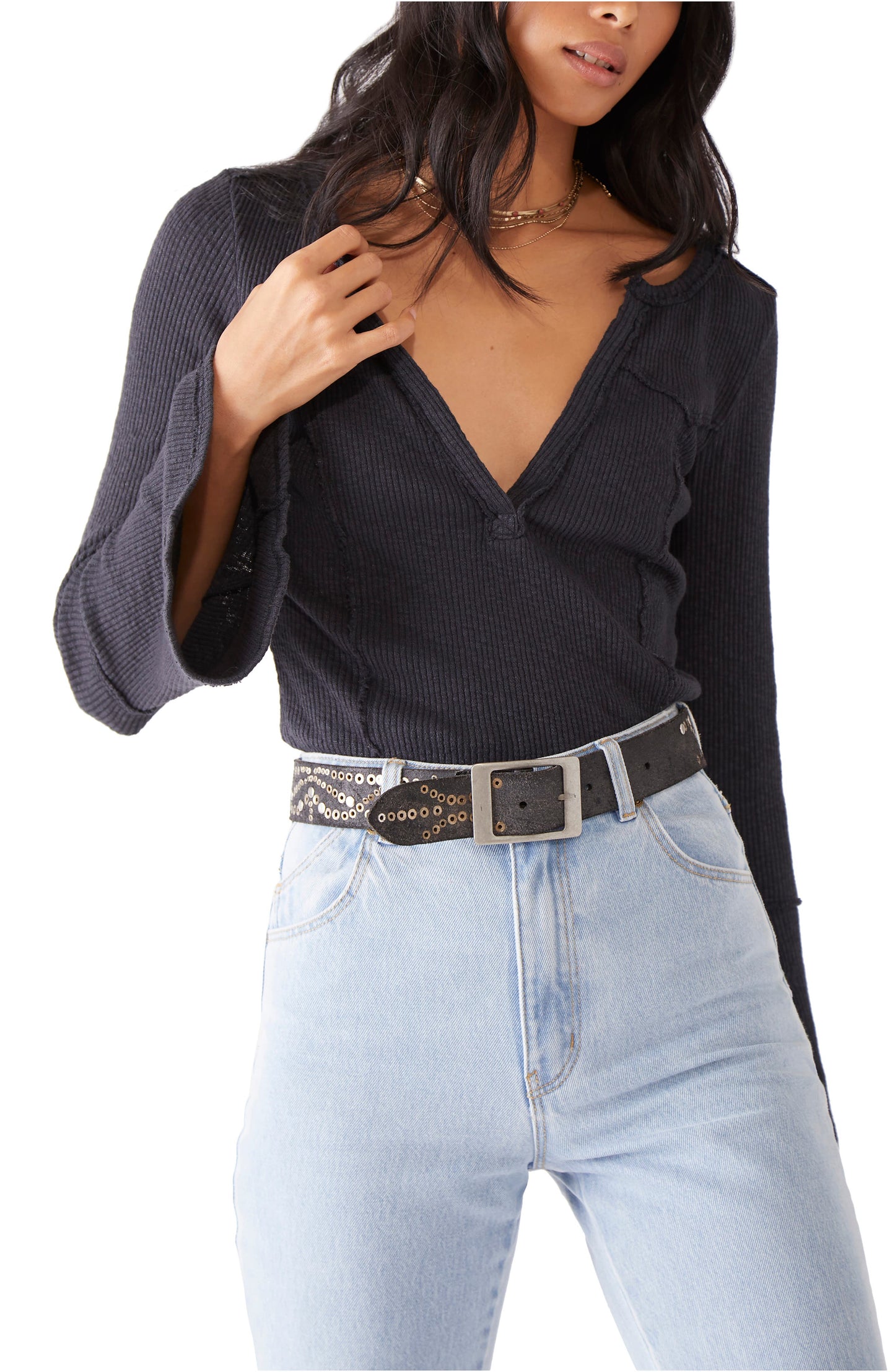 Free People Women's Give Me A Little Bell Sleeve Rib T-Shirt Black Size Small