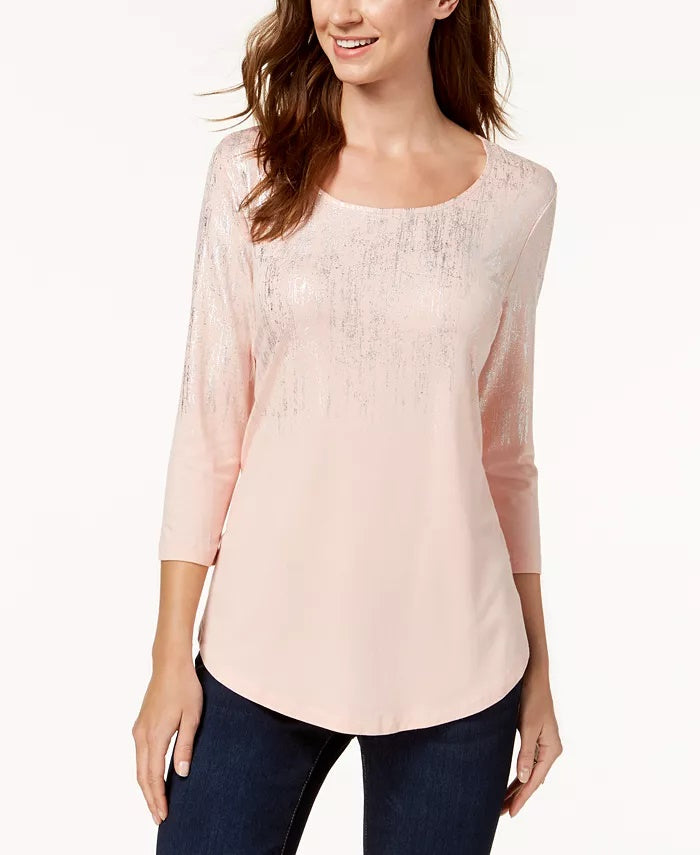 JM Collection Women's Petite Metallic-Print Top Beige Size PL