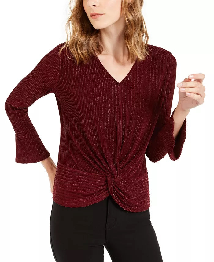 Alfani Women's Striped Metallic Twist-Hem Top Wine Size Small