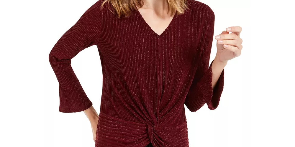Alfani Women's Striped Metallic Twist-Hem Top Wine Size Small